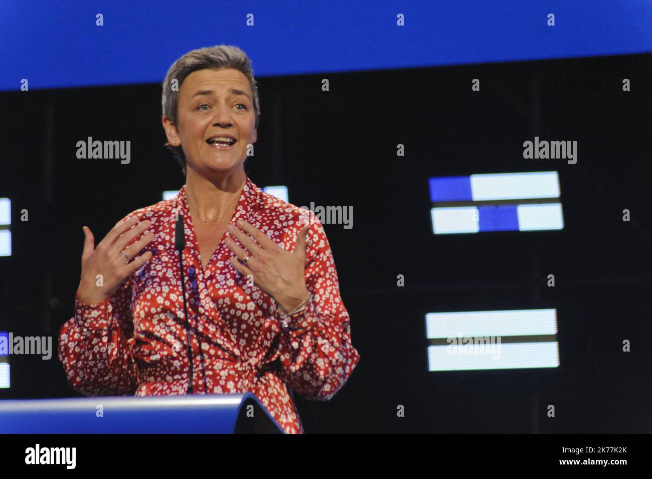 Il candidato a capo della Commissione europea Margrethe Vestager (gruppo ALDE), in una conferenza stampa a seguito dei risultati delle elezioni europee 2019. Foto Stock