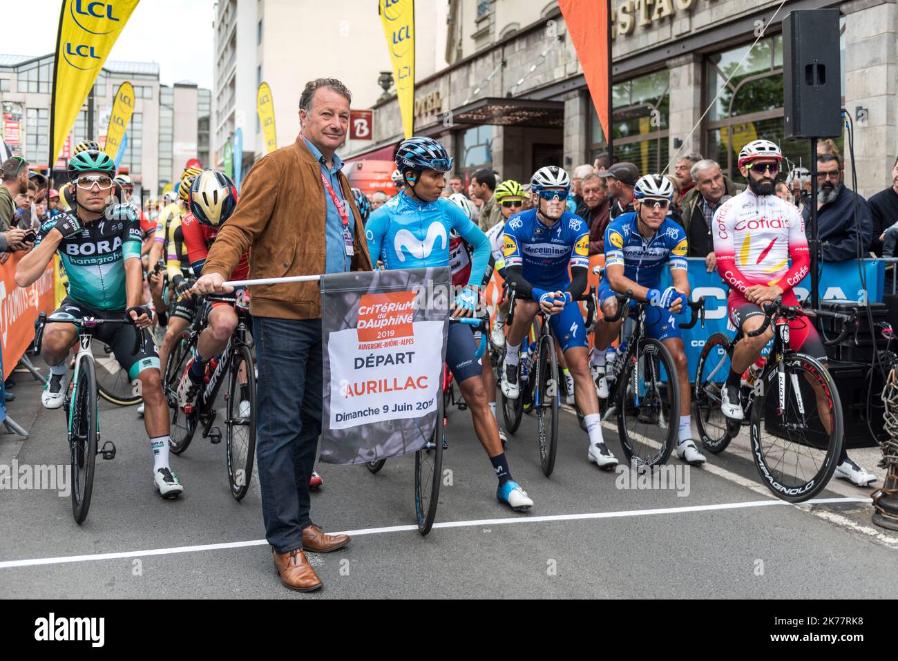 ©PHOTOPQR/LA MONTAGNE ; Départ Critérium du Dauphiné à Aurillac edizione 71st della corsa ciclistica Criterium du Dauphine, a 142 km tra Aurillac e Jussac il 9 giugno 2019. Foto Stock