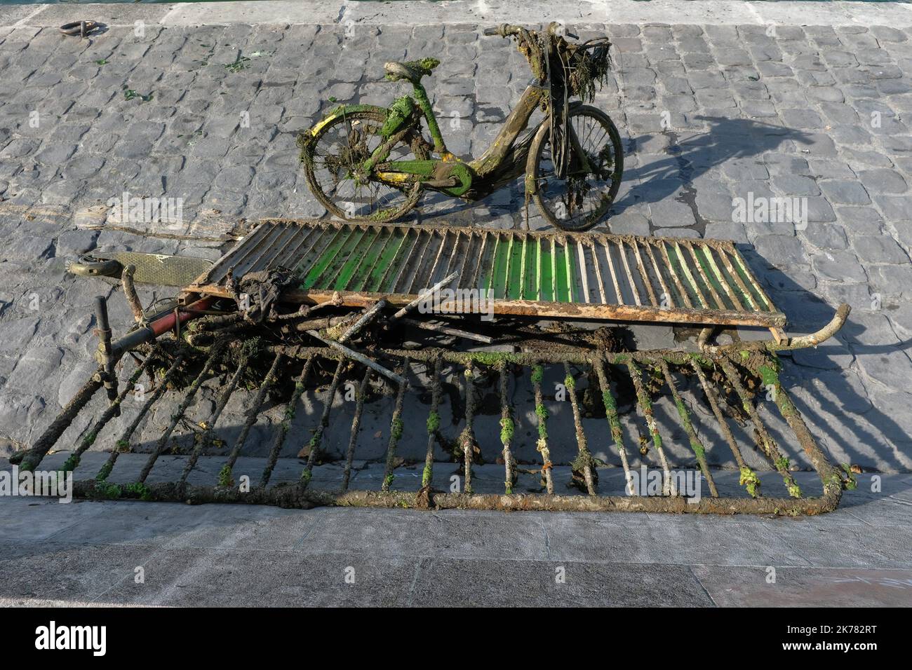 I dipendenti del Municipio di Parigi hanno messo biciclette, velluti, scooter e scooter sulle rive della Senna a Parigi il 21 luglio 2019 Foto Stock