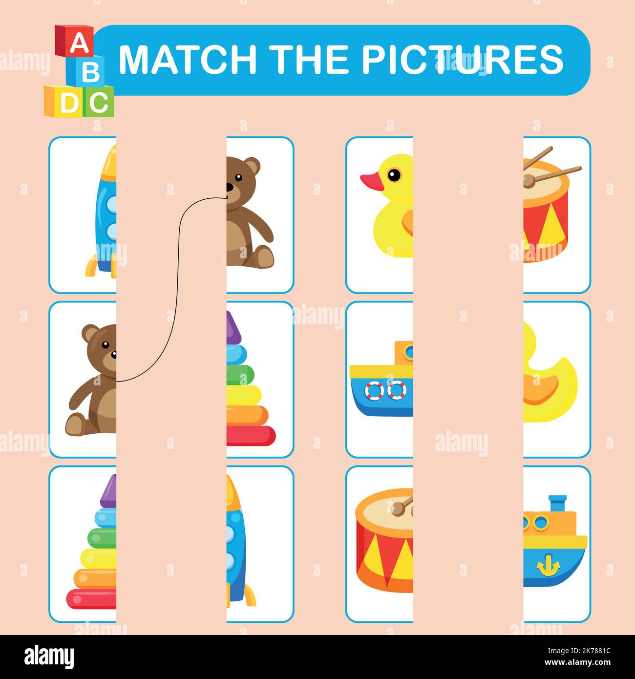 Gioco pick up immagini, giocattoli per bambini. Gioco educativo per bambini per bambini. Illustrazione Vettoriale