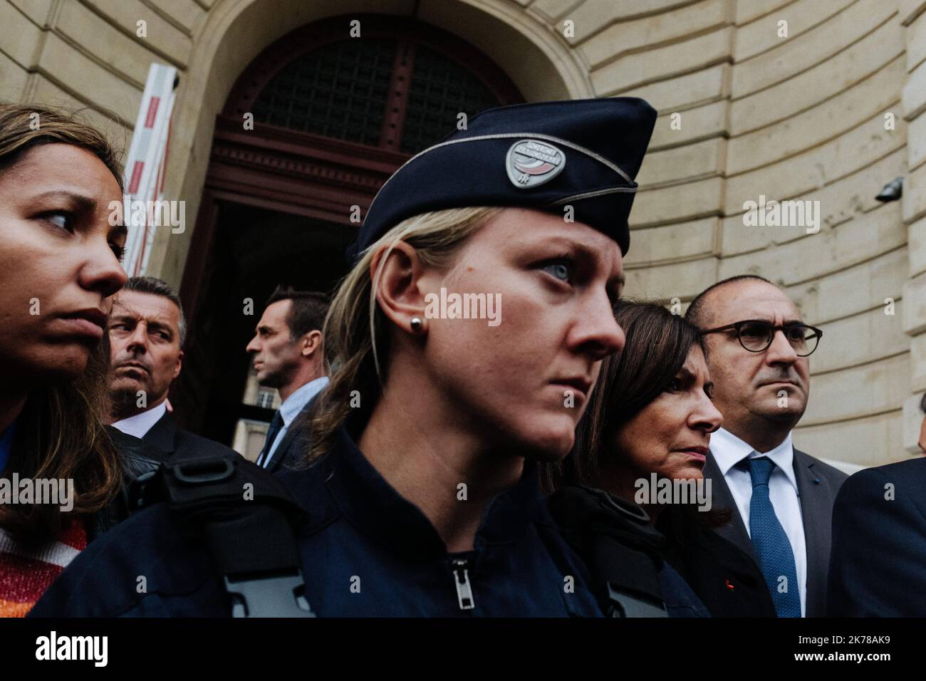 Conferenza stampa a seguito delle uccisioni della polizia con Christophe Castaner, ministro dell'interno, a seguito dell'assassinio di 4 poliziotti nella prefettura di Parigi da parte di un agente amministrativo. Foto Stock