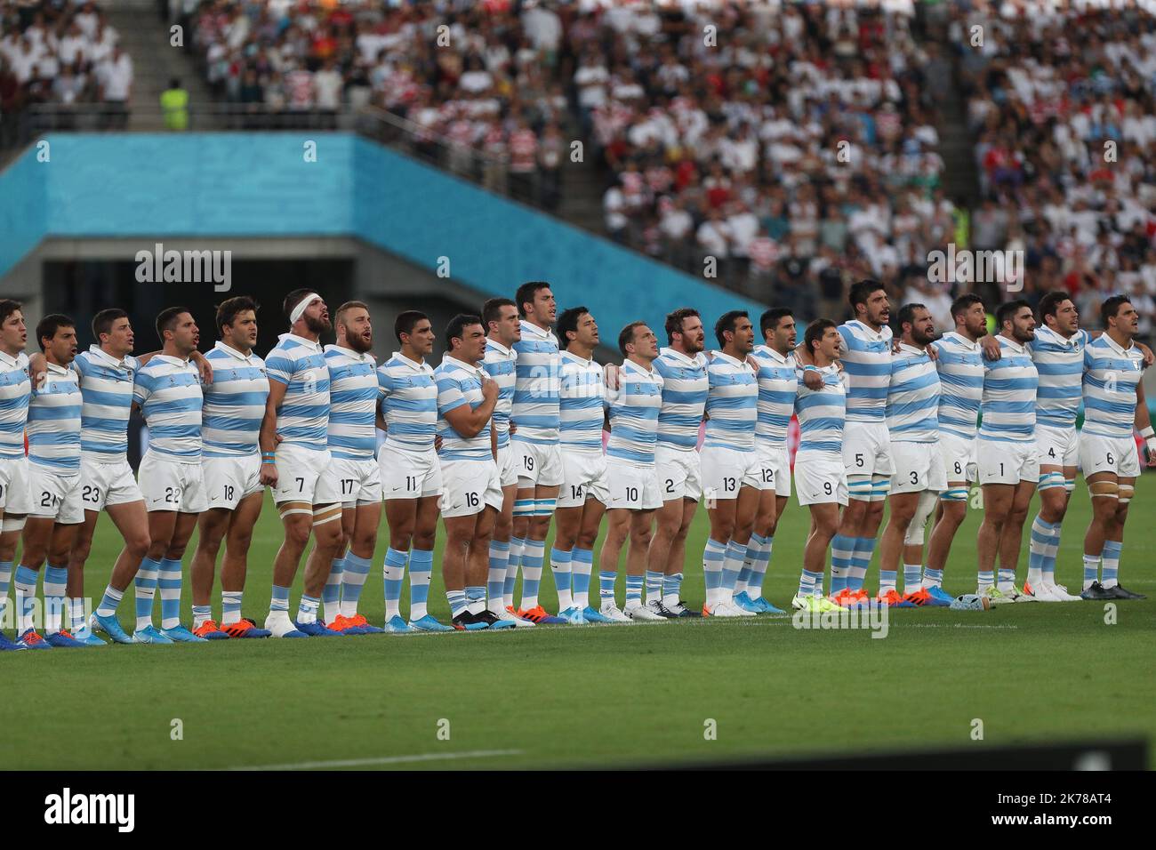 Team Argentina durante la Coppa del mondo Giappone 2019, Pool C rugby Unione match tra Inghilterra e Argentina il 5 ottobre 2019 al Tokyo Stadium di Tokyo, Giappone - Foto Laurent Lairys /MAXPPP Foto Stock