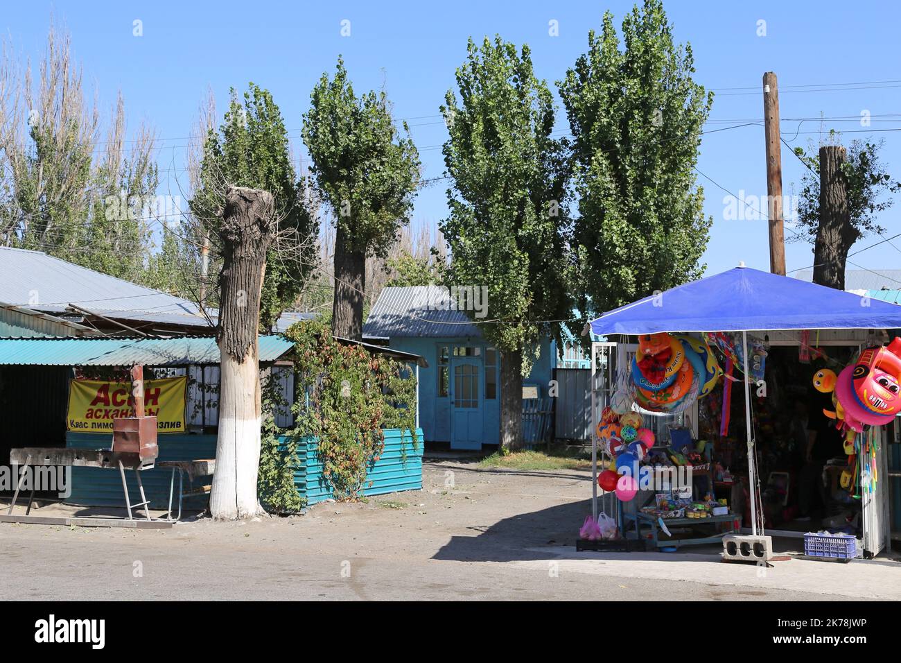 Bancarella di Street food e un negozio di giocattoli, Bayseit, Regione di Almaty, Kazakistan, Asia Centrale Foto Stock