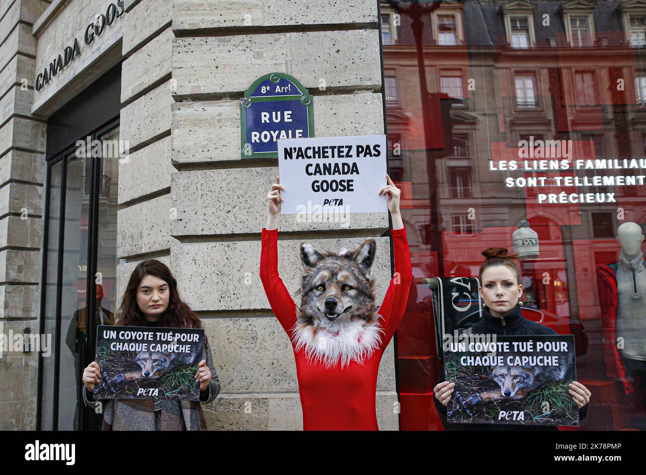 Demonstation contro il brutale trattamento degli animali a Canada Goose Foto Stock