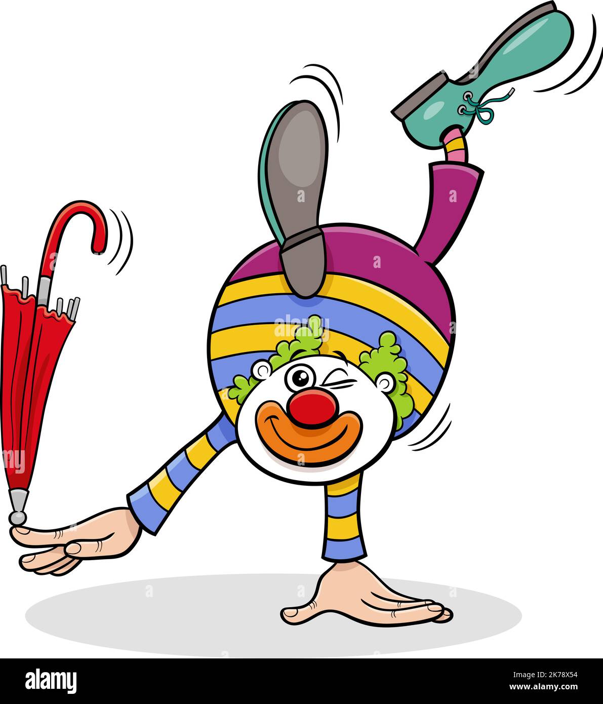 Illustrazione di fumetti di carattere comico clown divertente con ombrello Illustrazione Vettoriale