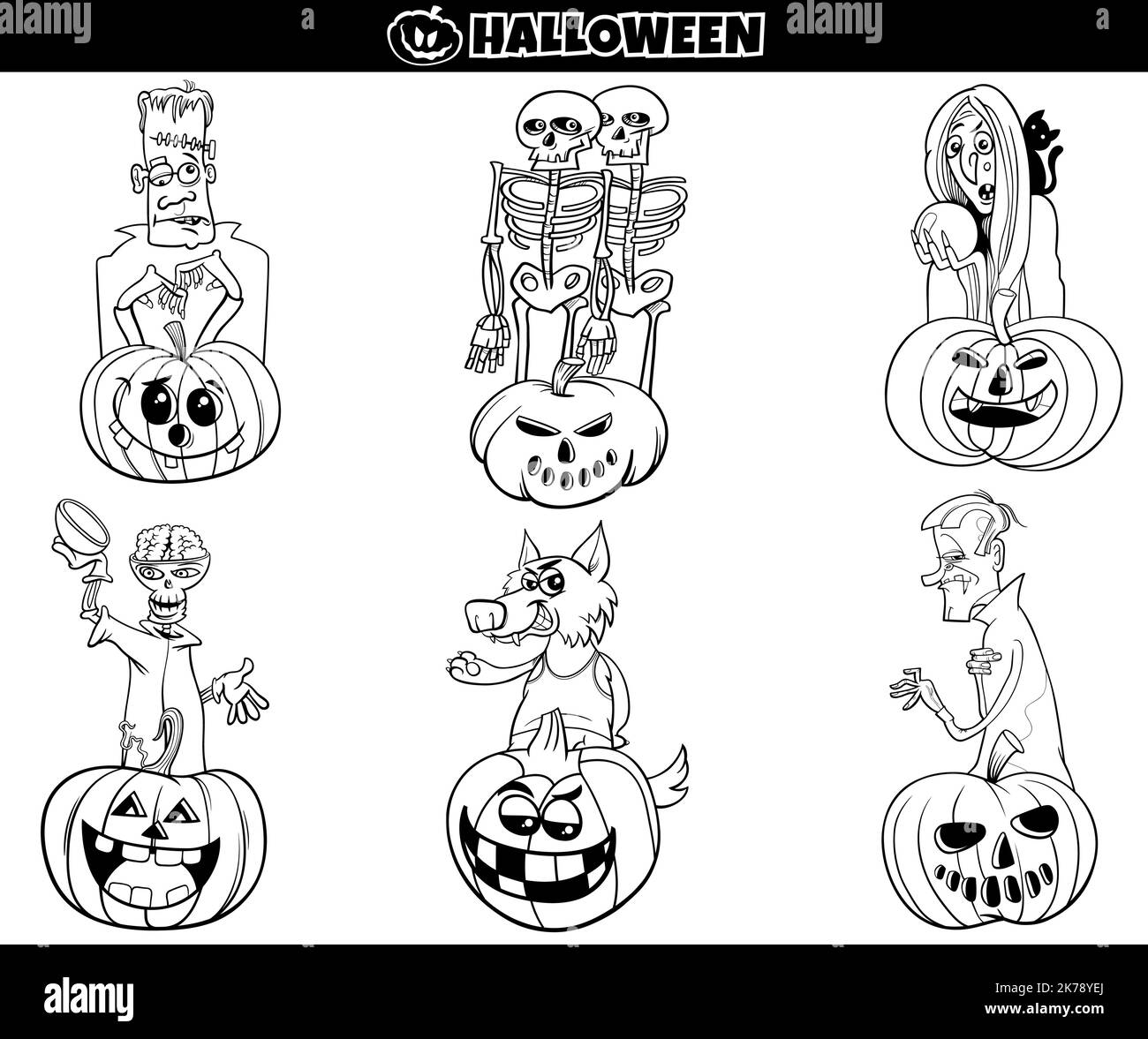 Cartoni animati in bianco e nero raffiguranti personaggi di Halloween con zucche o la pagina da colorare di Jack'o'lanterns Illustrazione Vettoriale