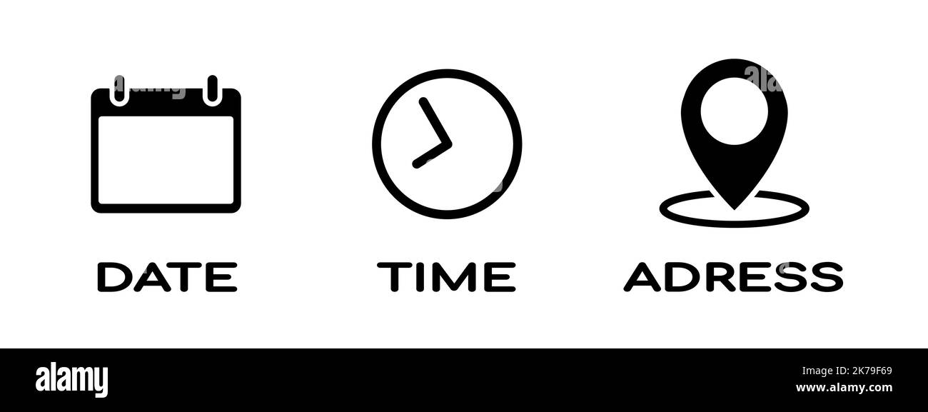 Calendario, orologio e icona posizione impostati in stile piatto. Data, ora, simboli di indirizzo isolati su sfondo bianco semplici icone astratte in nero Vector il Illustrazione Vettoriale
