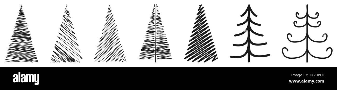 Albero di Natale disegnati a mano icone. Silhouette vettoriale Illustrazione Vettoriale
