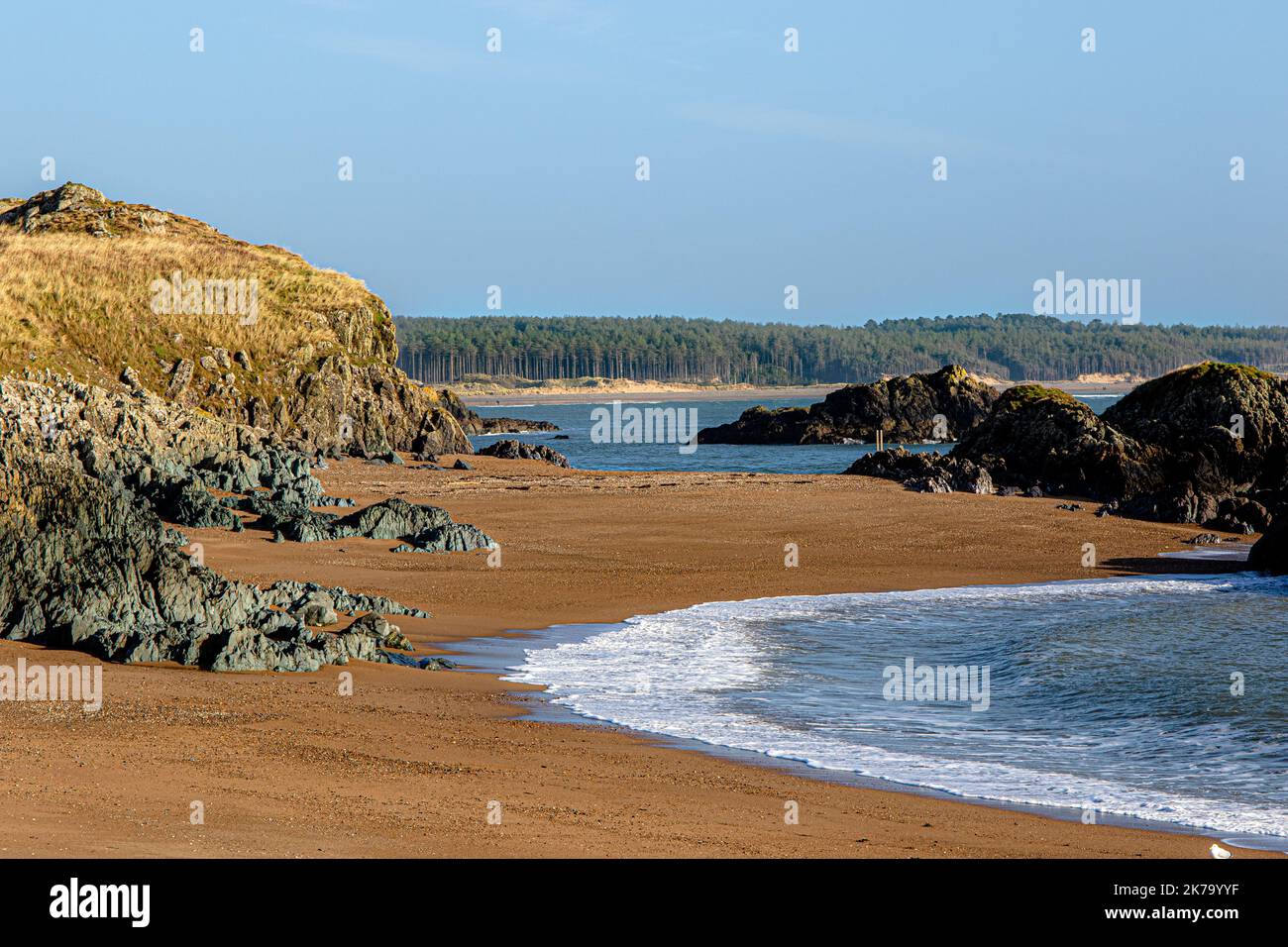 Spiaggia di Ynys Llandwyn Island al sole d'inverno Foto Stock