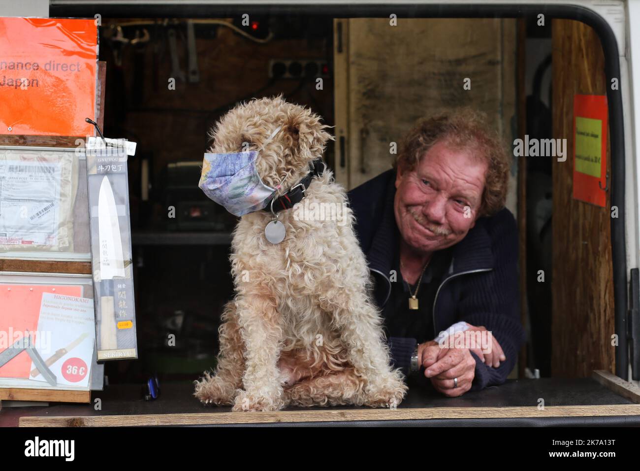 Basse Indre, Francia, 14th 2020 giugno - Un cane che indossa una maschera su un mercato Foto Stock