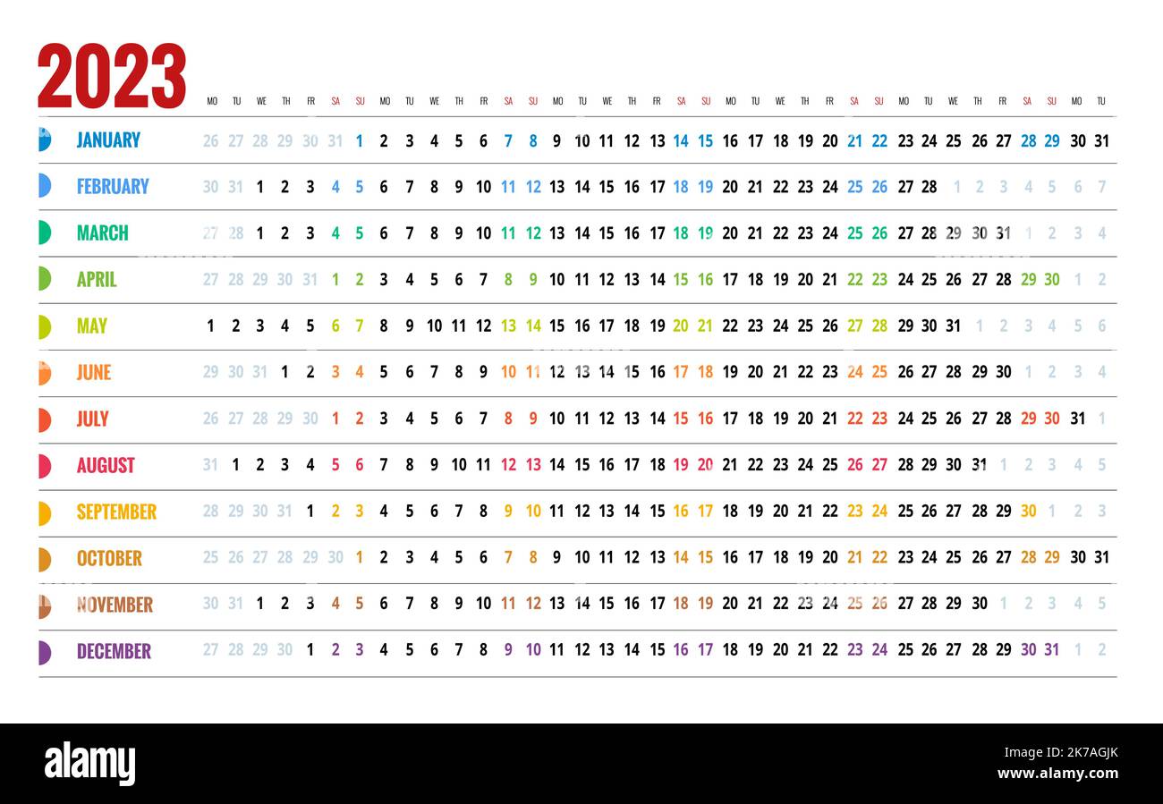 Calendario lineare per 2021 anno. Modello di stampa per la progettazione di articoli di cancelleria. Pianificatore annuale del calendario. Set di 12 mesi. Modello di pianificazione con mesi. Inizio settimana Illustrazione Vettoriale
