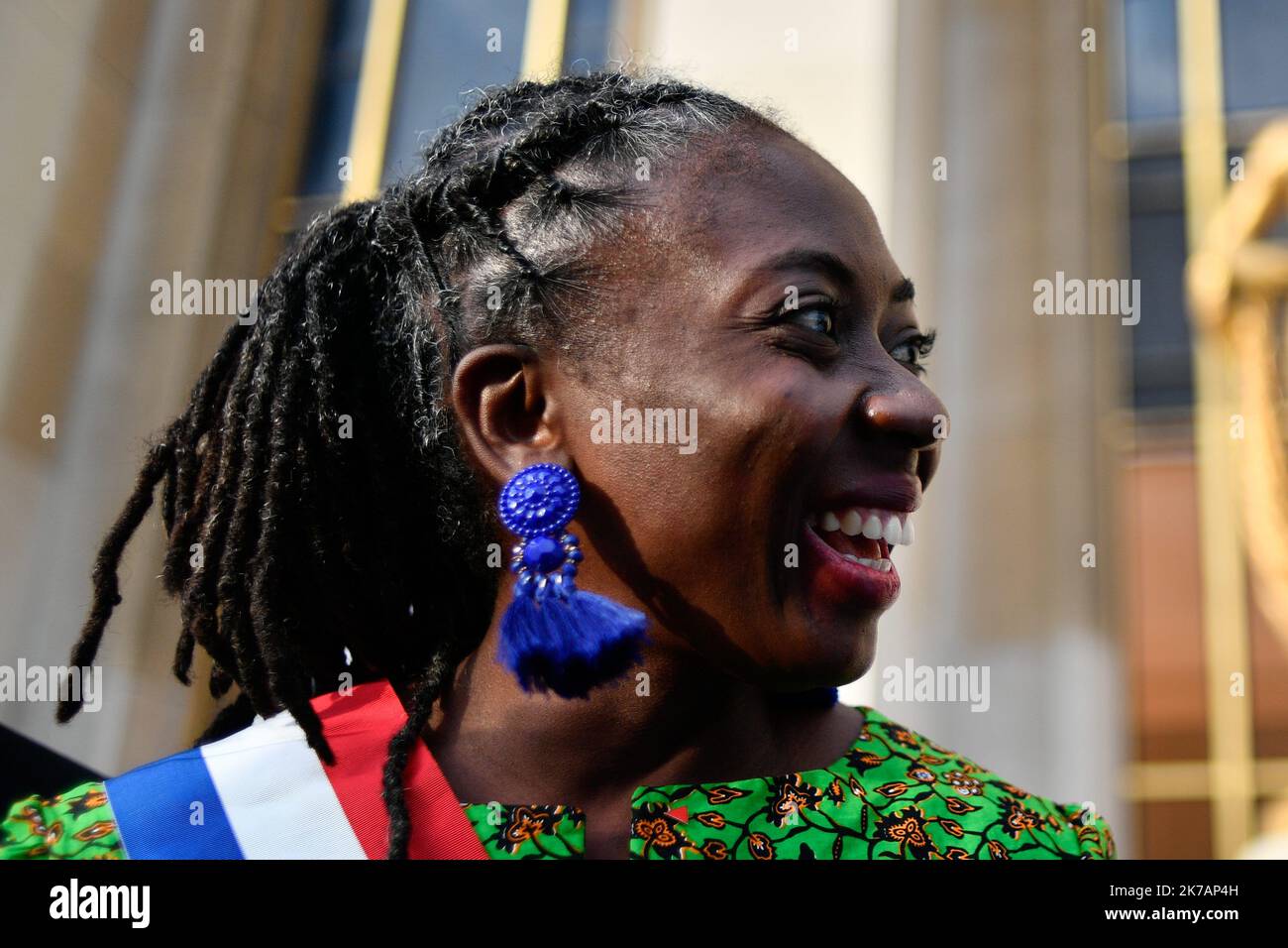 ©Julien Mattia / le Pictorium/MAXPPP - Julien Mattia / le Pictorium - 05/09/2020 - Francia / Ile-de-France / Parigi - la deputee LFI, Daniele Obono, depeinte en esclave par le magazine valeurs actuelles, presentate a la manifestazione contre la racisme sur la Place des droits de l'homme a Parigi. / 05/09/2020 - Francia / Ile-de-France (regione) / Parigi - LFI MP Daniele Obono, ritratto come schiavo dalla rivista valeurs Actuelles, presente alla manifestazione contro il razzismo in Piazza dei diritti umani a Parigi. Foto Stock