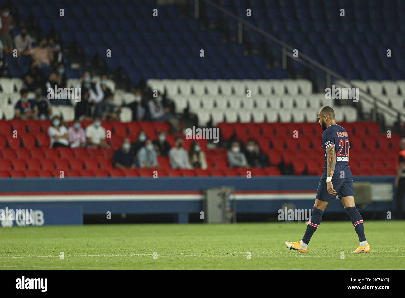 ©Sebastien Muylaert/MAXPPP - Layvin Kurzawa di Parigi Saint-Germain reagisce durante la partita Ligue 1 tra Paris Saint-Germain e Olympique Marseille al Parc des Princes di Parigi, Francia. 13.09.2020 Foto Stock