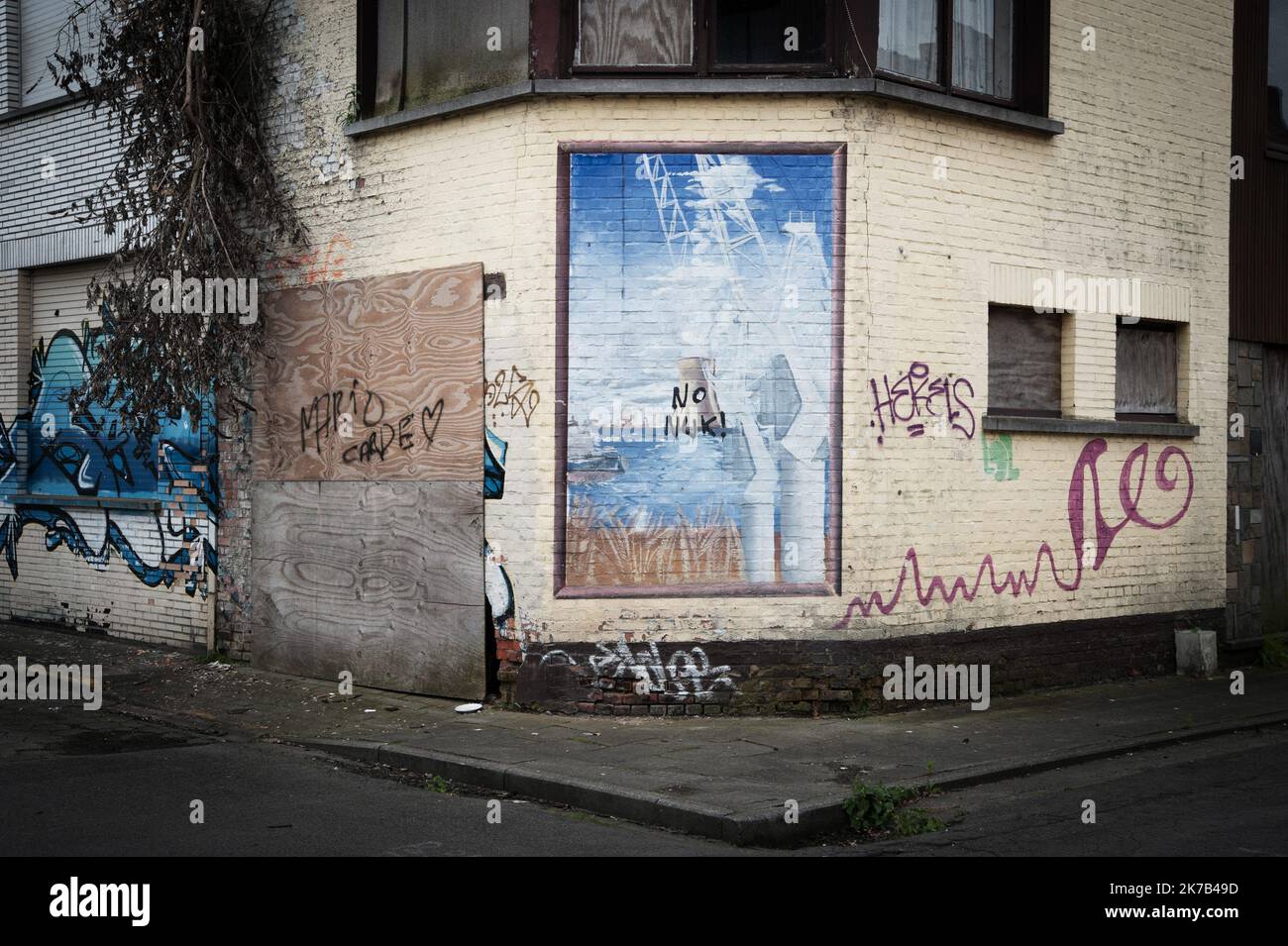 ©Nicolas Landemard / le Pictorium/MAXPPP - Nicolas Landemard / le Pictorium - 07/07/2016 - Belgique / Flandre / Doel - la Question des centrales nucleaires est preponderante en Belgique. Alors que la question de la sortie du nucleaire est sans cesse evoquee et reportee, plusieurs incidenti tecniche dans les centrales belges font craindre a la population y compris frontaliere (avec l'Allemagne) un risque toujours Plus Grand d'incidente majeur. ICI, dans le village abandonne de Doel, dans la banlieue d'Anvers. / 07/07/2016 - Belgio / Fiandre () / Doel - la questione delle centrali nucleari è pr Foto Stock