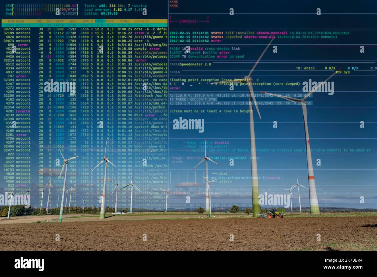 Immagine simbolica infrastrutture critiche, pericolo di blackout, cyberterrorismo, parco eolico vicino a Lichtenau, turbine eoliche, cielo, vento, sole, NRW, Germania, Foto Stock