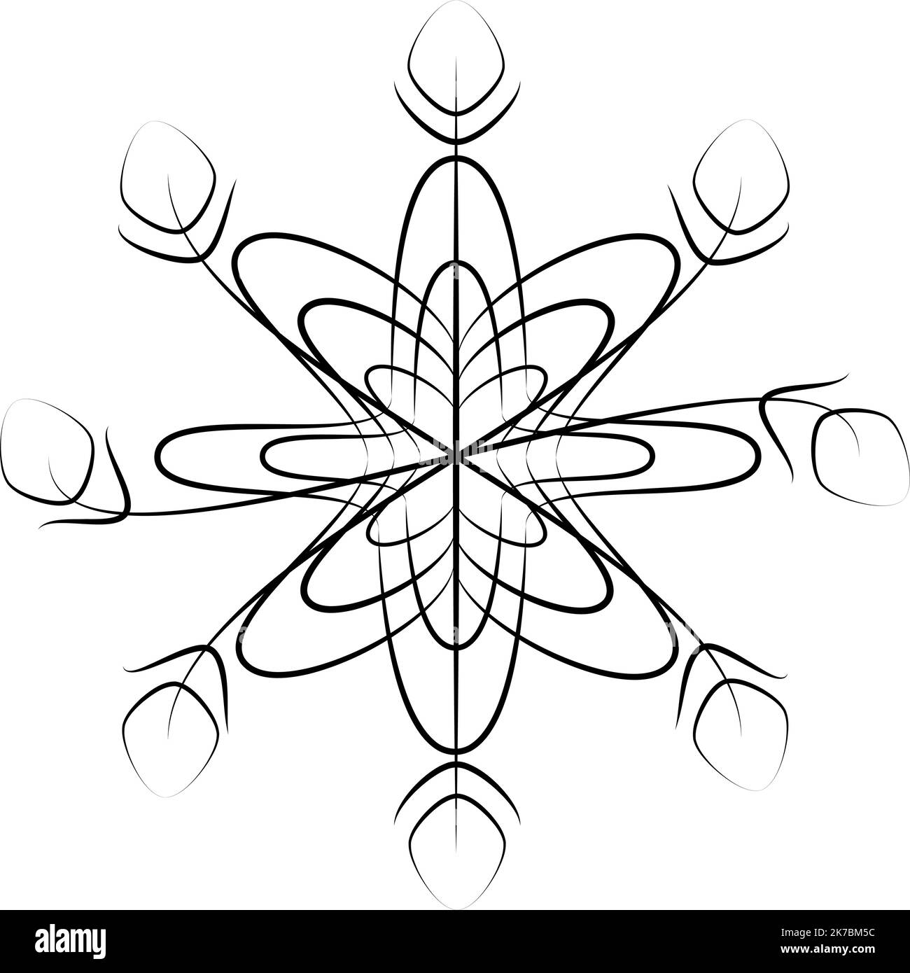 Contorno disegno astratto di un fiocco di neve intagliato con elementi decorativi. Art. Linea Isolare. Adatto per striscioni, icone, cartoline, poster, etichette, biglietto d'auguri, sfondo, prezzo della brochure. EPS Illustrazione Vettoriale