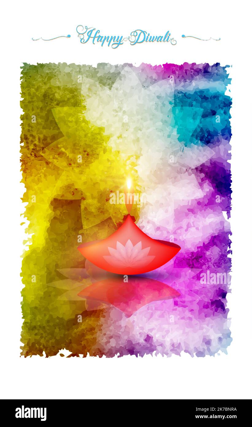 Felice Diwali Festival di luci India Celebration modello colorato. Grafica banner design di Indian Lotus Diya Oil Lamp, watercolor Design Illustrazione Vettoriale