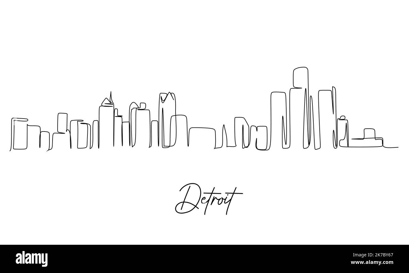 Un disegno a linea continua dello skyline di Detroit, USA. Bellissimo punto di riferimento. Mondo paesaggio turismo viaggio vacanza poster stampa. Stile modificabile Illustrazione Vettoriale