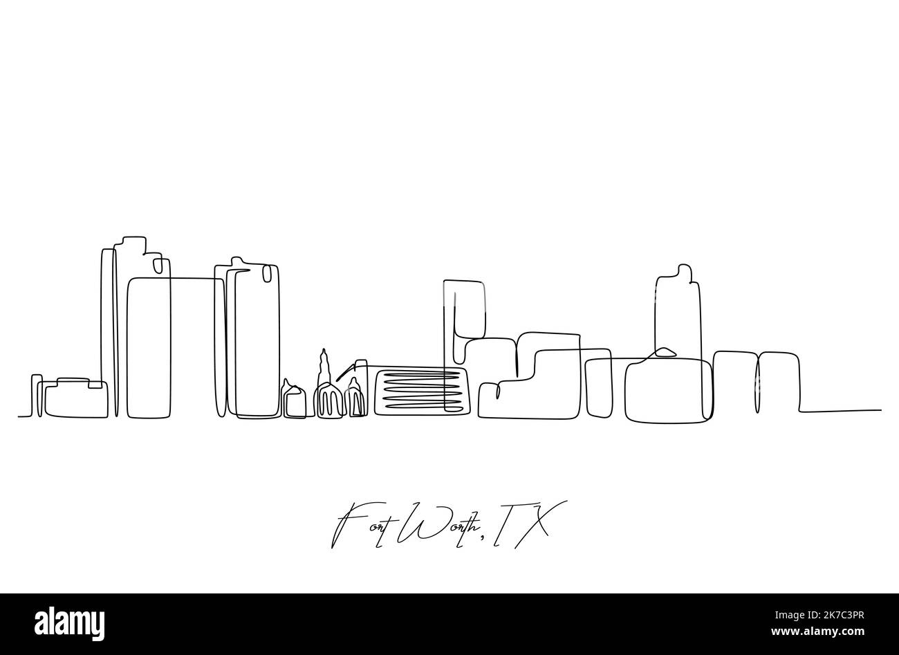 Un disegno a linea singola dello skyline di Fort Wort, Stati Uniti. Storico paesaggio della città nel mondo. Migliore destinazione di vacanza. Traccia modificabile trendy Illustrazione Vettoriale