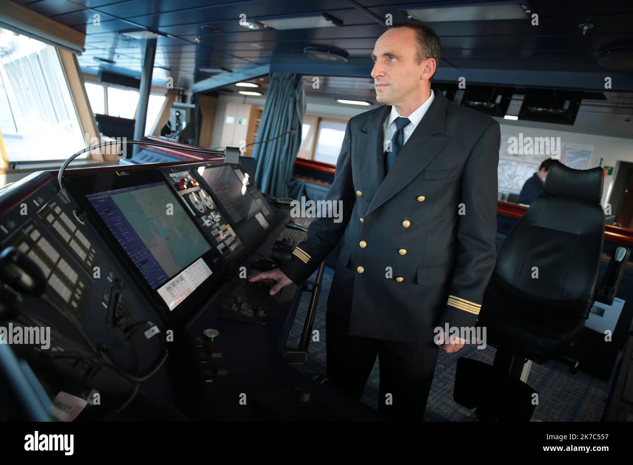 Â-PHOTOPQR/LE TELEGRAMMA/Lionel le Saux ; ROSCOFF ; 28/11/2020 ; FOTO Lionel le Saux / LE TELEGRAMMA. ROSCOFF (29) : Visite a bord du Galicia, le nouveau ferry de la Brittany Ferries, qui va assurer des transports de passagers entre l'Espagne et l'Angleterre, ici amarre au port du Bloscon a Roscoff. Christophe Bergeroux, comandante della Galizia. 2020/11/30. Visita a bordo della Galizia, il nuovo traghetto dei Brittany Ferries, che fornirà il trasporto passeggeri tra la Spagna e l'Inghilterra, qui ormeggiato al porto di Bloscon a Roscoff. Foto Stock