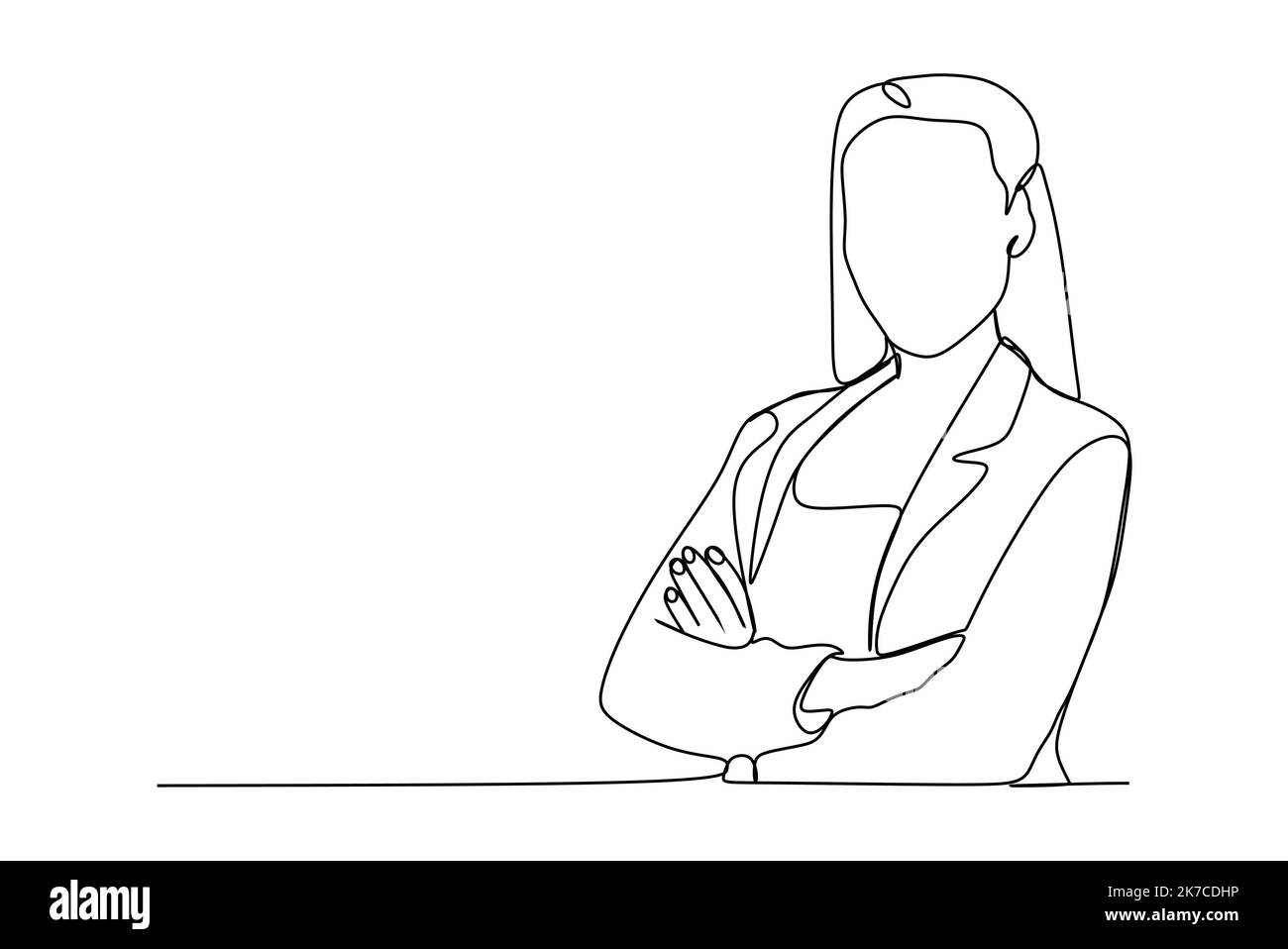 Una sola linea di disegno donna d'affari executive manager nel mantenere le braccia incrociate. Femmina in piedi con braccio ripiegato Illustrazione Vettoriale