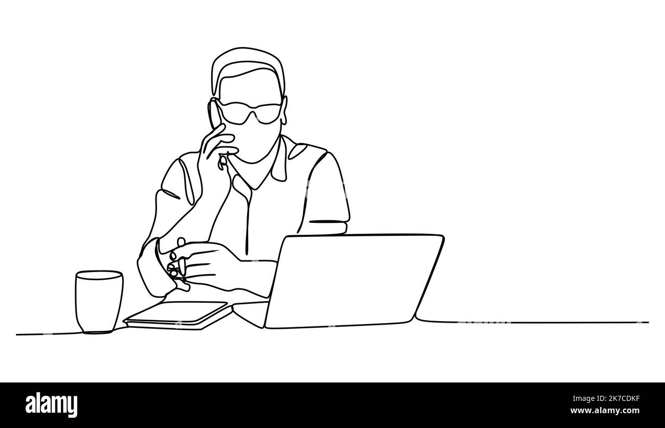 Uomo d'affari che lavora davanti al computer portatile e chiama il suo collega. Disegno continuo a una linea Illustrazione Vettoriale