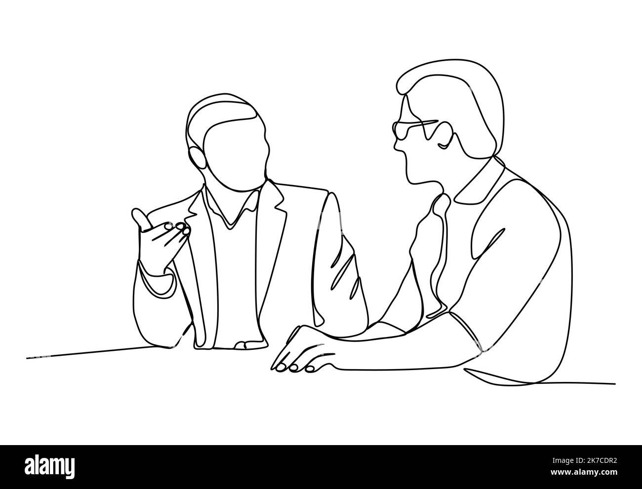 Due uomini d'affari che si siedono e discutono di questioni di affari. Dirigenti aziendali che lavorano nel loro ufficio. - Disegno continuo a una linea Illustrazione Vettoriale
