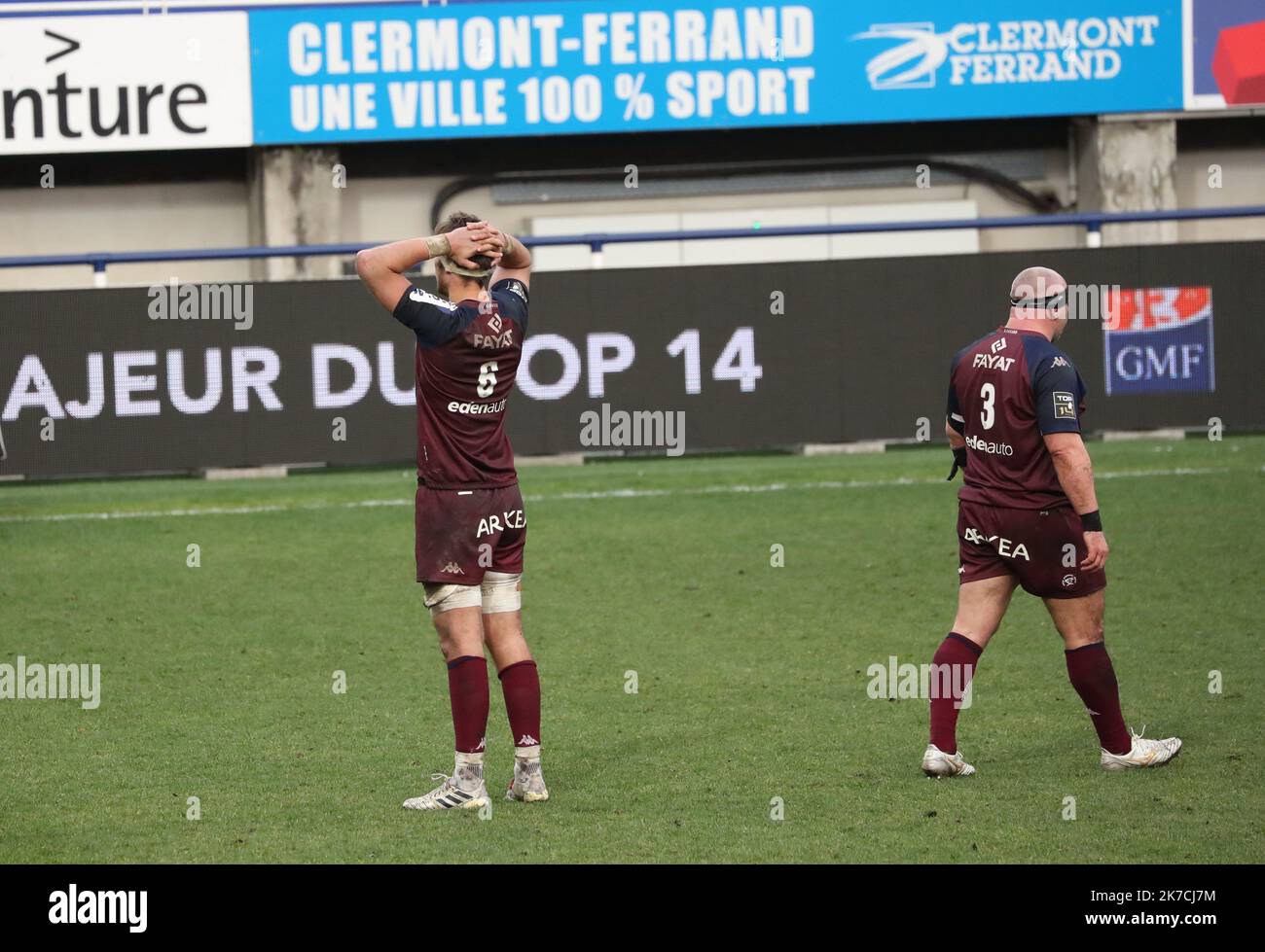 Thierry LARRET/Maxppp. Rugby Top 14 : ASM Clermont Auvergne vs Union Bordeaux Begles. Stade Marcel Michelin, Clermont-Ferrand (63), le 30 janvier 2021. Joie de Bordeaux Foto Stock