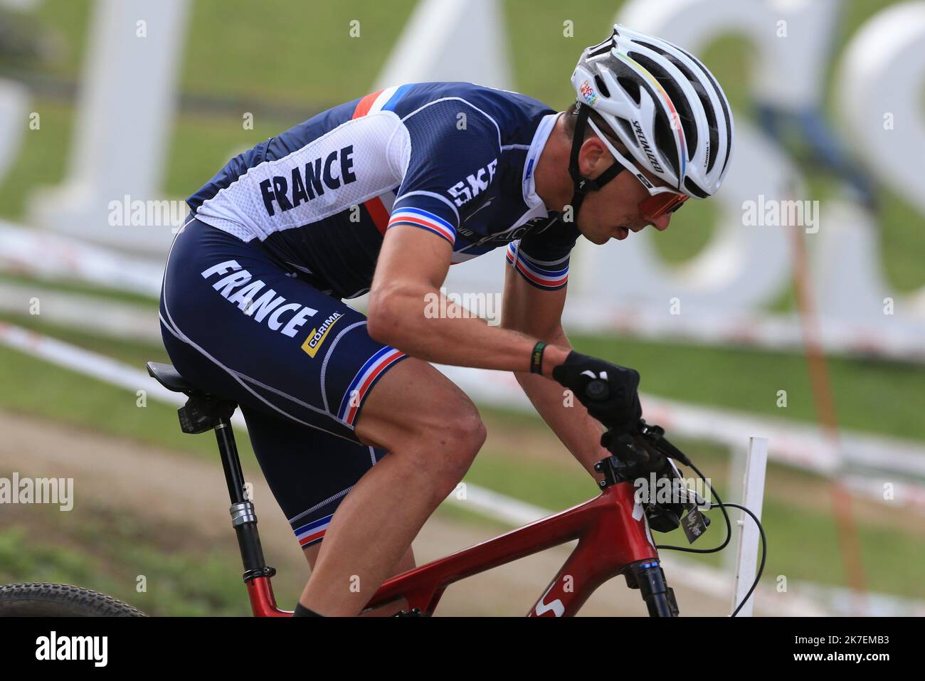©Pierre Teyssot/MAXPPP ; UCI 2021 Mountain Bike Cross Country World Championships in Commezzadura il 28 agosto 2021. Uomini olimpici, Giordania Sarrou (fra). Â Pierre Teyssot / Maxppp Foto Stock