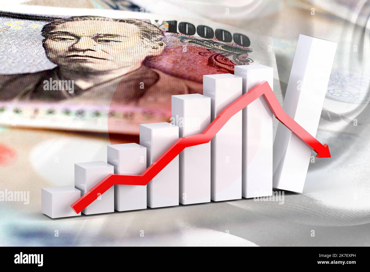 Grafico economico - freccia verso il basso, Bandiera giapponese e banconote in yen giapponesi in contanti Foto Stock