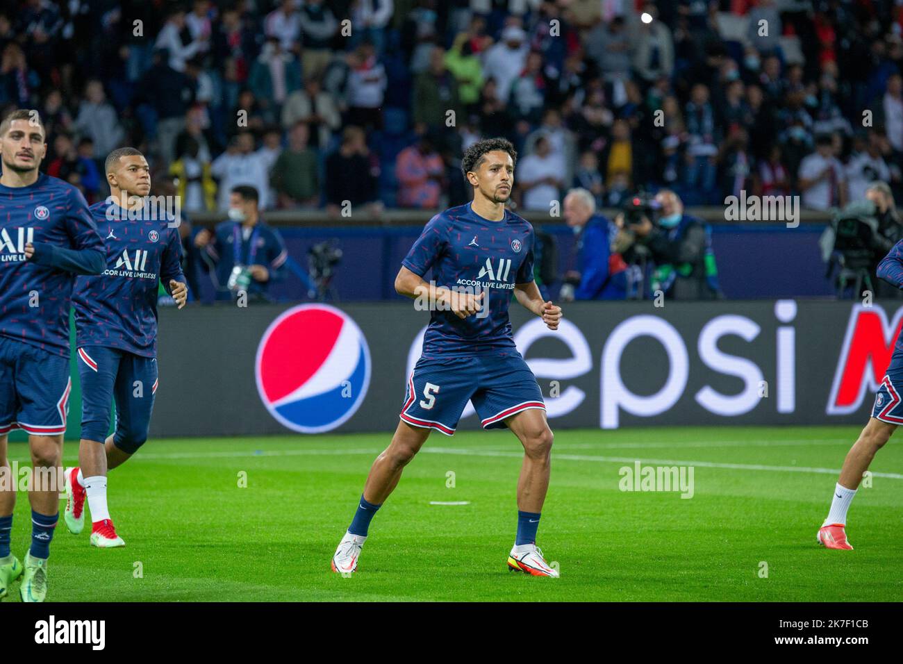 ©Denis TRASFI/MAXPPP - (C) Denis TRASFI / MAXPPP - à Boulogne-Billancourt au Parc des Princes le 28-09-2021 - UEFA Ligue des Champions, Phase de Groupe - Paris Saint Germain - Manchester United - Marquinhos Foto Stock