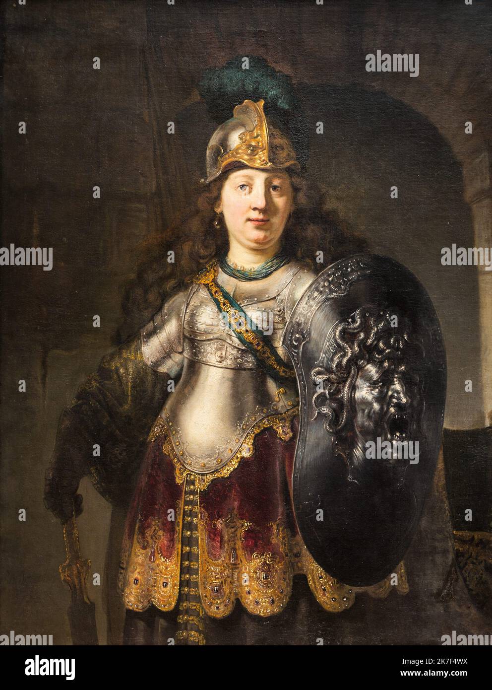 ©Active Museu/MAXPPP - ActiveMuseum 0000544.jpg / Bellona - Rembrandt (1633) - 1633 - / Rembrandt Harmenszoon van Rijn (Rembrandt) / Peinture Active Museum / le Pictorium Armor ,Barocco ,orecchino ,capelli ,casco ,Medusa ,mitologia ,Ritratto ,Scudo ,Spada , Donna verticale Bellona ,17th ° secolo ,Rembrandt , Rembrandt van , Painting , Rembrandt , Rembrandt , Rembrandt , Rembrandt Foto Stock