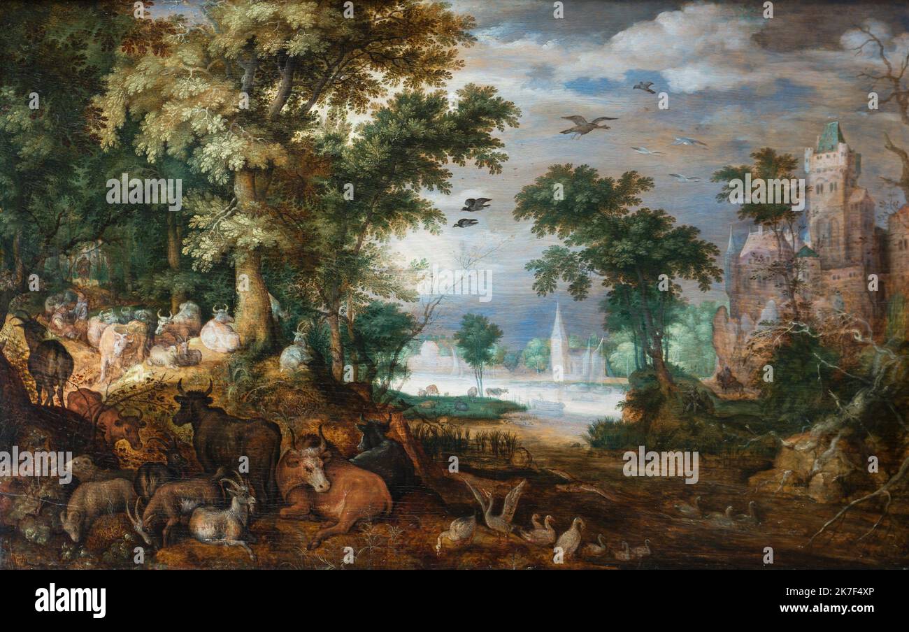 ©attivo Museu/MAXPPP - ActiveMuseum 0000554.jpg / un paysage boise avec vaches et chevres - Roelandt Savery (1616) - 1616 - / Roelandt Savery / Peinture attivo Museo / le Pictorium Bird , Castello , bestiame bovino , Foresta , Goat , Goose , mandria , orizzontale , Paesaggio paesaggio minaccioso cielo, corso d'acqua, legno, Saelt , 17th ° secolo , Foresta , Foto Stock