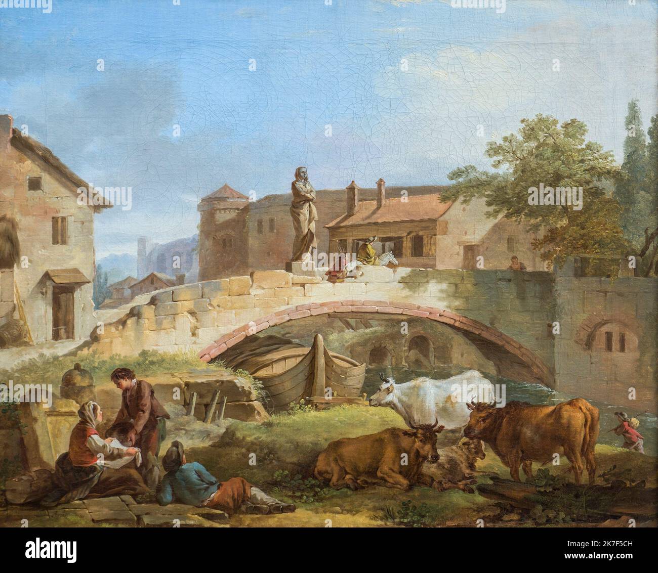 ©Active Museu/MAXPPP - ActiveMuseum 0000824.jpg / Village Italien, 1749 - Jean-Baptiste-Marie Pierre 1749 - / Jean-Baptiste Marie Pierre / Peinture Active Museum / le Pictorium Antica statua, Banca (riva), cielo blu, barca, Ponte, bestiame, mucca, orizzontale, casa, sdraiato, Ox, stile rococo, seduta (da) ,Piccola barca ,albero ,Villaggio ,corso d'acqua ,Europa ,Italia ,Europa Occidentale ,18th ° secolo ,Jean-Baptiste Marie Pierre ,Pittura , Foto Stock