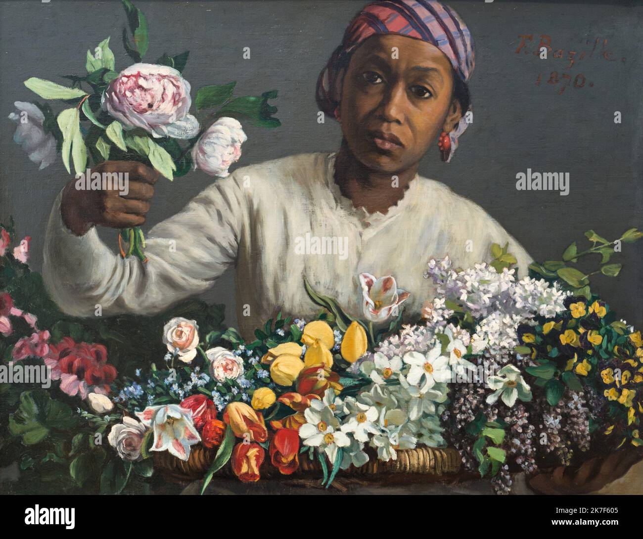 ©Active Museu/MAXPPP - ActiveMuseum 0001045.jpg / Jeune Femme avec des Pivoines, 1870 - Frederic Bazille - giovane donna con le Peonie 1870 - / Frederic Bazille / Peinture Active Museum / le Pictorium Basket ,Nero ,orecchino ,Fiore ,orizzontale ,Impressionismo ,Peonia ,Rosa ,Tulip ,Turbana Donna giovane ,19th ° secolo ,Frederic , Bazille ,Pittura ,Bazille ,Pittura ,Bazille , Foto Stock