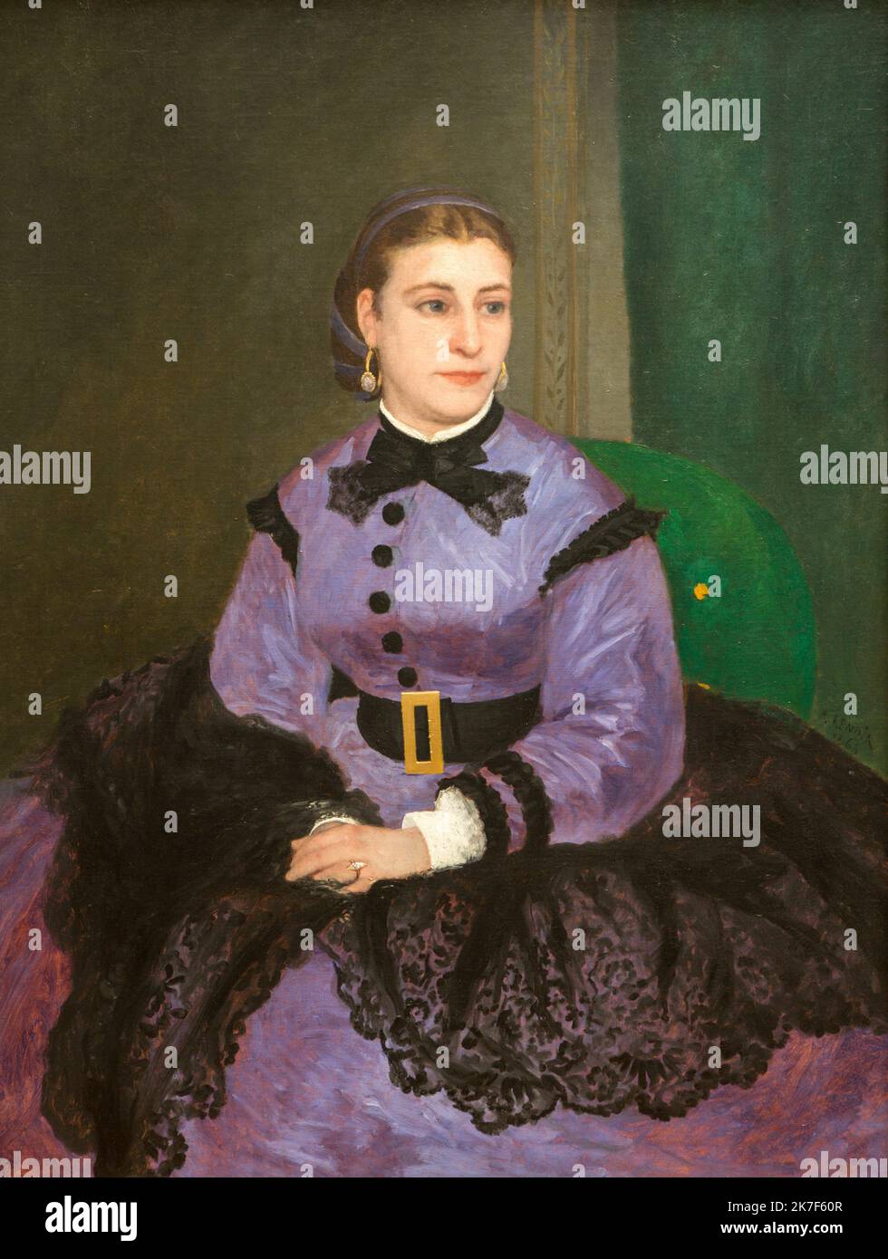 ©Active Museu/MAXPPP - ActiveMuseum 0001047.jpg / Mademoiselle Sicot, 1865 - Auguste Renoir 1865 - / Auguste Renoir / Peinture Active Museum / le Pictorium Poltrona, cintura, cortina, abito, orecchino, fiera (fiera), impressionismo, gioiello, Knot, pizzo, Ritratto, seduta (da), verticale, Renoir, 19th ° secolo, Auguste, Donna, Pittura Foto Stock