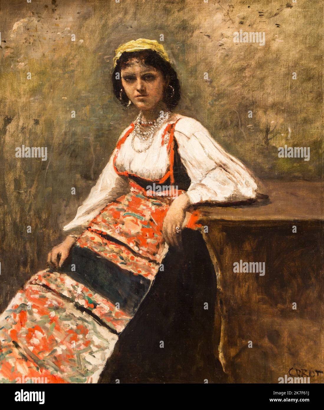 ©Active Museu/MAXPPP - ActiveMuseum 0001063.jpg / Fille Italienne, 1872 - Jean-Baptiste-Camille Corot 1872 - / Jean-Baptiste Camille Corot / Peinture Active Museum / le Pictorium Dress ,Orecchini ,occhi ,ragazza ,italiana ,ragazza italiana ,gioiello ,Collana ,realismo ,Romanticismo ,verticale ,Donna Europa ,Italia ,Europa Occidentale ,19th ° secolo ,Jean-Crille , Battistero , Battistero , Crillo , Foto Stock
