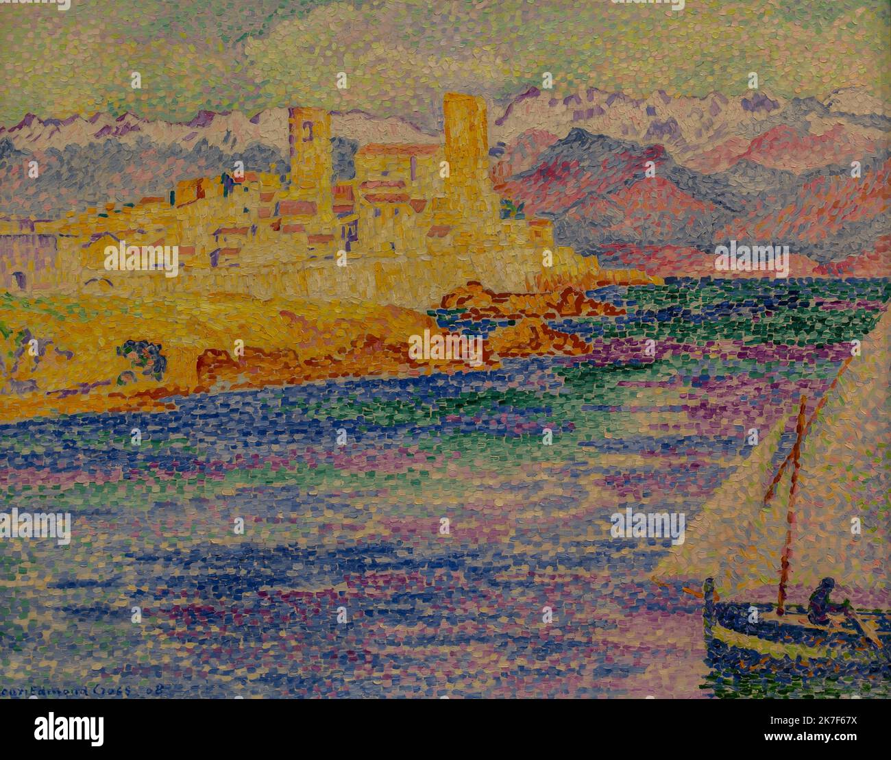 ©Active Museu/MAXPPP - ActiveMuseum 0001316.jpg / Antibes, 1908 - Henri-Edmond Cross 1908 - / Henri-Edmond Cross / Peinture Active Museum / le Pictorium City ,orizzontale ,montagna ,Pointillismo ,Barca a vela ,lungomare ,Alpi Marittime ,Antibes ,Europa ,Francia ,Provenza-Alpi-Costa Azzurra ,Europa Occidentale ,20th ° secolo ,Henri-Edmond Cross , Pittura Foto Stock