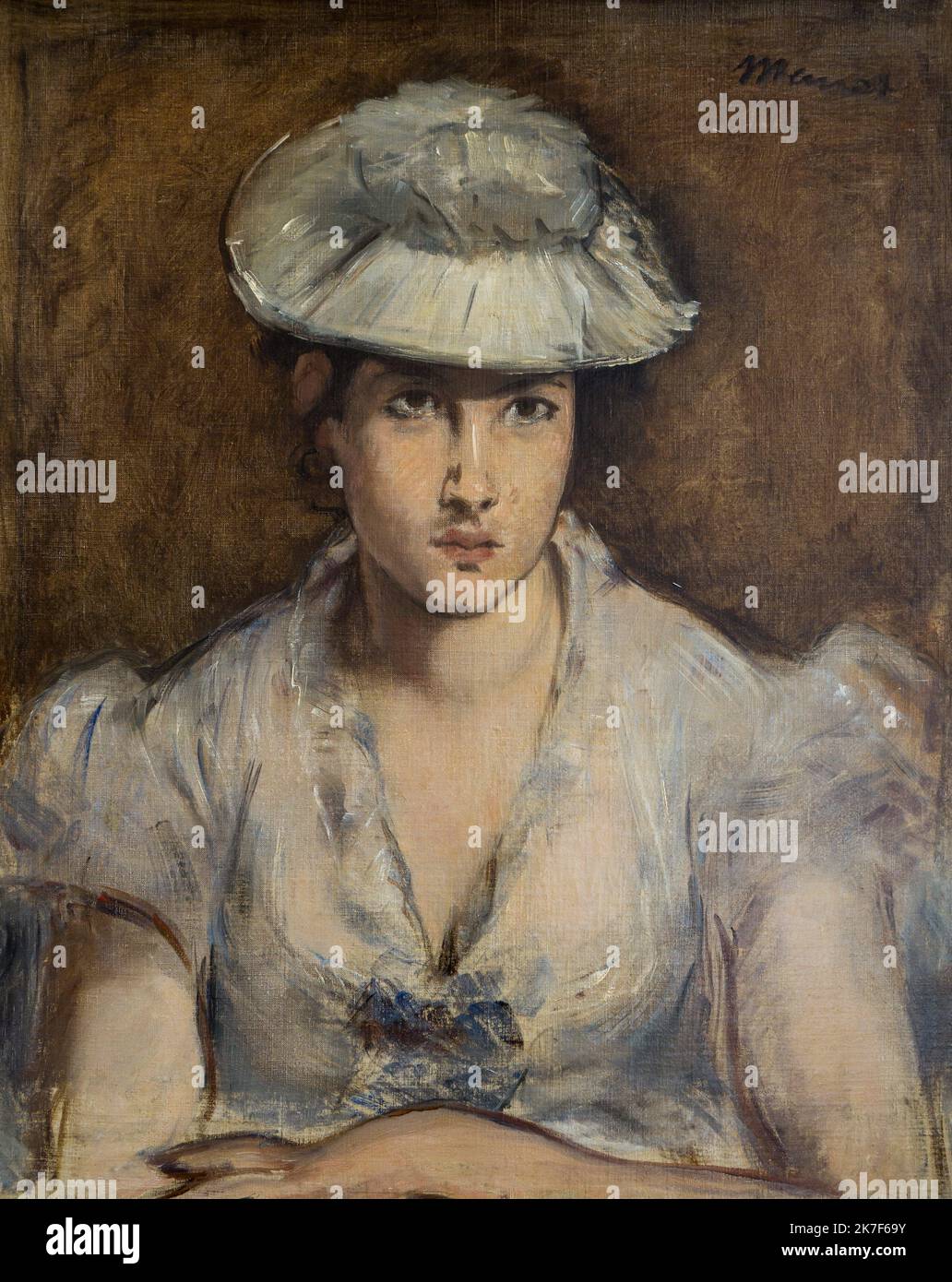 ©Active Museu/MAXPPP - ActiveMuseum_0001387.jpg / Portrait de Marguerite Gauthier-Lathuille, 1879 - Edouard Manet 1879 - / Edouard Manet / Peinture Active Museum / le Pictorium Dress ,cappello ,Impressionismo ,Knot ,Ritratto ,verticale ,Marguerite Gauthier-Lathuille ,19th ° secolo ,Edouard Manet ,Pittura , Foto Stock
