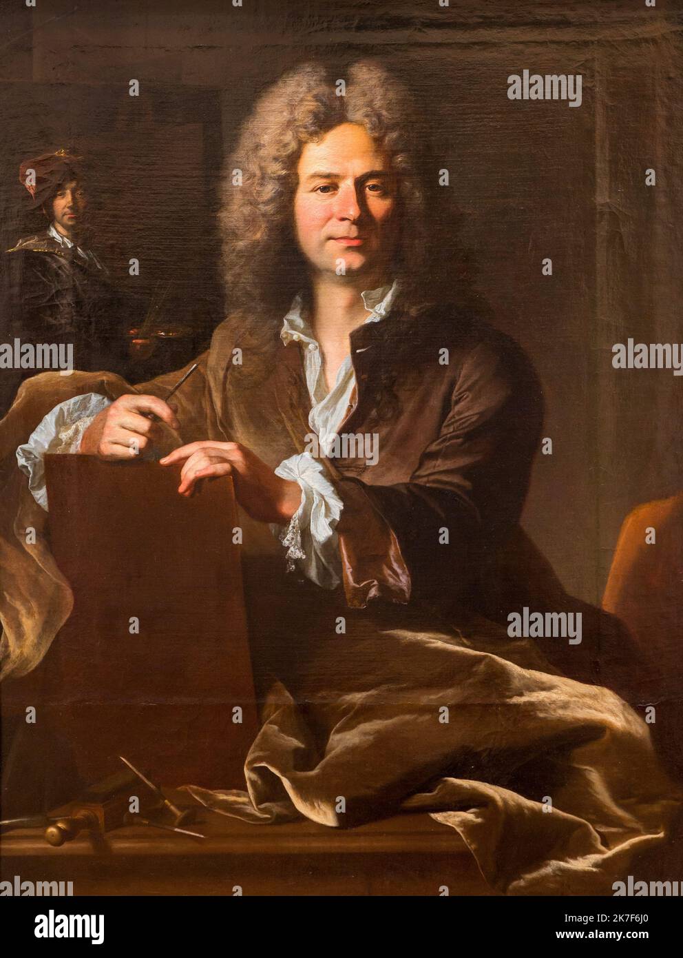 ©Active Museu/MAXPPP - ActiveMuseum 0001586.jpg / Portrait du graveur Pierre Drevet, vers 1700 - Hyacinthe Rigaud 1700 - / Hyacinthe Rigaud / Peinture Active Museum / le Pictorium artista ,barocco ,incisore ,gravure ,uomo ,Pittore ,Pittura ,Ritratto ,attrezzo ,verticale ,Wig ,Pierre Drevet ,18th ° secolo ,Hyacinthe Rigaud , Foto Stock