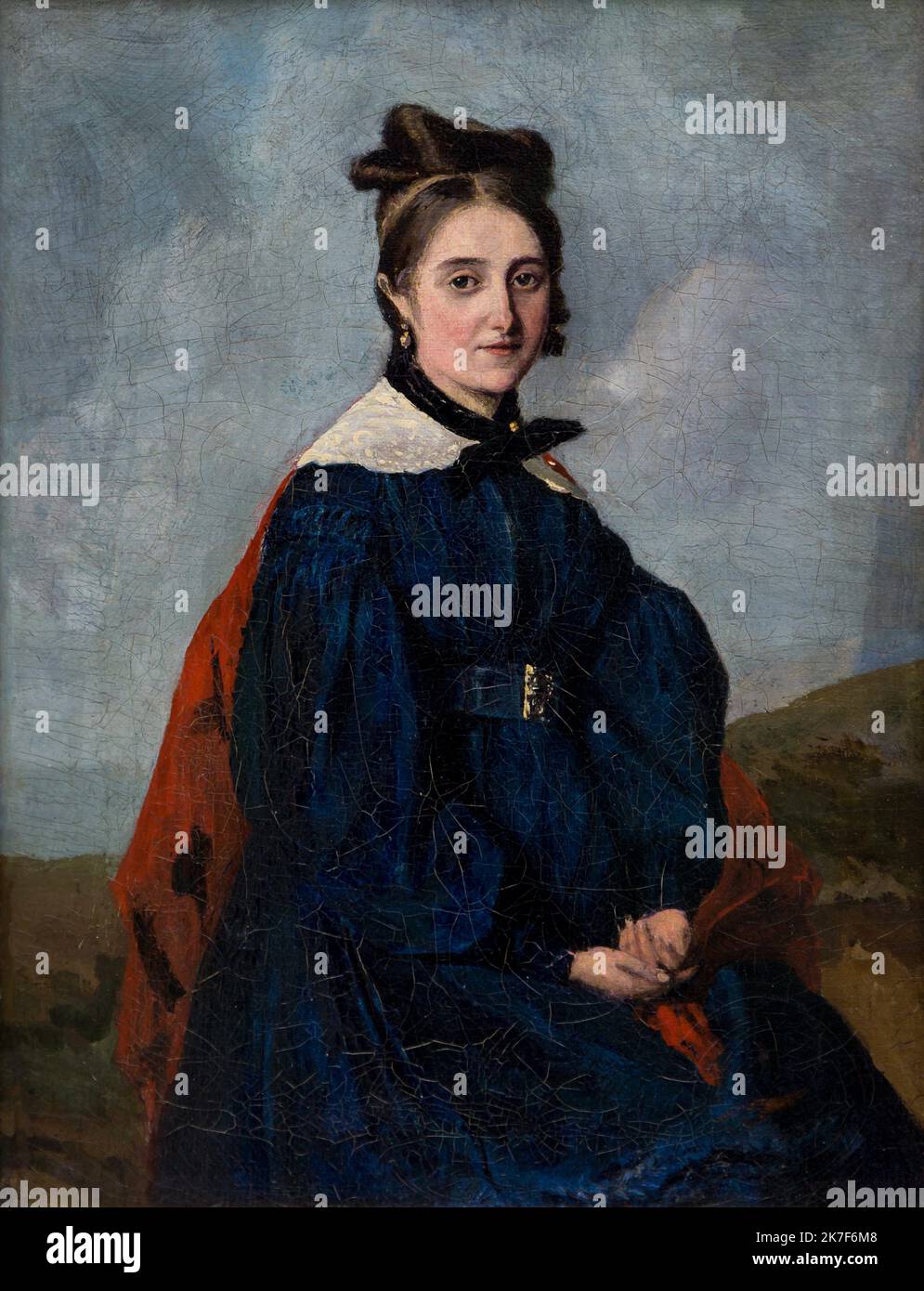©Active Museu/MAXPPP - ActiveMuseum 0001650.jpg / Alexina Legoux, modiste dipendente Chez Madame Sennegon, la soeur de l'artiste, Reputee pour sa beaute vers 1840 - Camille Corot Peinture a l'huile sur toile 1840 - / Camille Corot / Peinture Active Museum / le Pictorium 1 persona, artista, bellezza, Brunette, Chignon (Bun), blu scuro, orecchino, esterno, tessuto, capelli legati indietro, mano in mano, cappello venditore, abito lungo, mano aperta ,Ritratto ,Profilo ,Rosso ,sorella ,verticale ,Donna ,Alexina Legoux ,19th ° secolo ,Camille Corot ,Pittura , Foto Stock