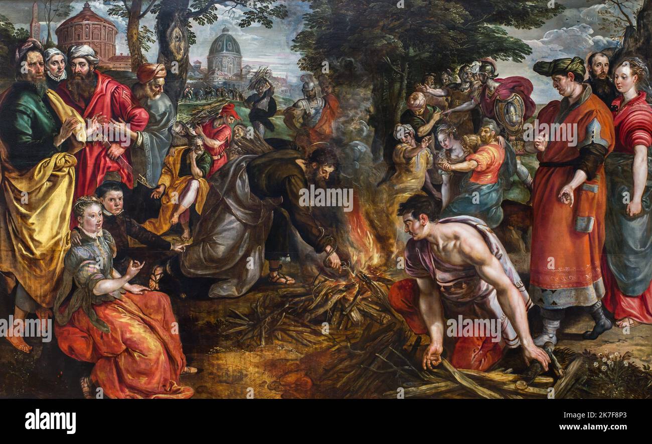 ©Active Museu/MAXPPP - ActiveMuseum 0001983.jpg / Saint Paul pique par une Vipere dans l'Ile de Malte, vers 1568 - Marten de Vos Peinture a l'huile sur bois 1568 - / Marten de Vos / Peinture Active Museum / le Pictorium rabbia, Burn (to), folla, fuoco, casco, orizzontale, isola, uomo, serpente, Soldato, Sting (to), per inginocchiare, Viper, Donna, legno, fuoco di legno, Europa, Malta (isola), San Paolo (Rinascimento) ,Marten de Vos ,Pittura , Foto Stock