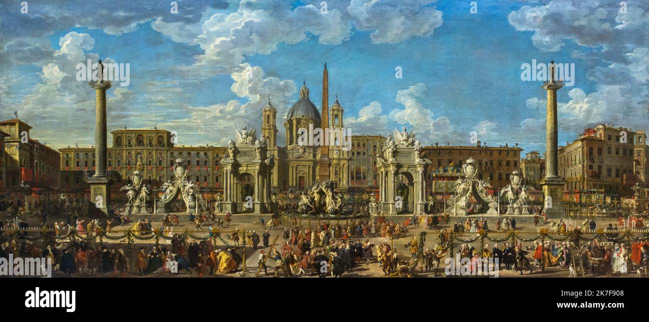 ©Active Museu/MAXPPP - ActiveMuseum 0002245.jpg / Preparation du feu d'artificice et de la decoration de la fete donnee sur la Place Navone a l'occasione de la nissance du Dauphin, fils de Louis XV 1729 - / Giovanni Paolo panini / Peinture Active Museum / le Pictorium Celebration , Celebrazione (festa) ,Chiesa ,folla ,decorazione ,pittura figurativa ,orizzontale ,Monumento ,Piazza Navona ,preparazione ,Roma ,Europa ,Italia ,Europa Occidentale ,18th ° secolo ,Giovanni Paolo panini ,Pittura , Foto Stock