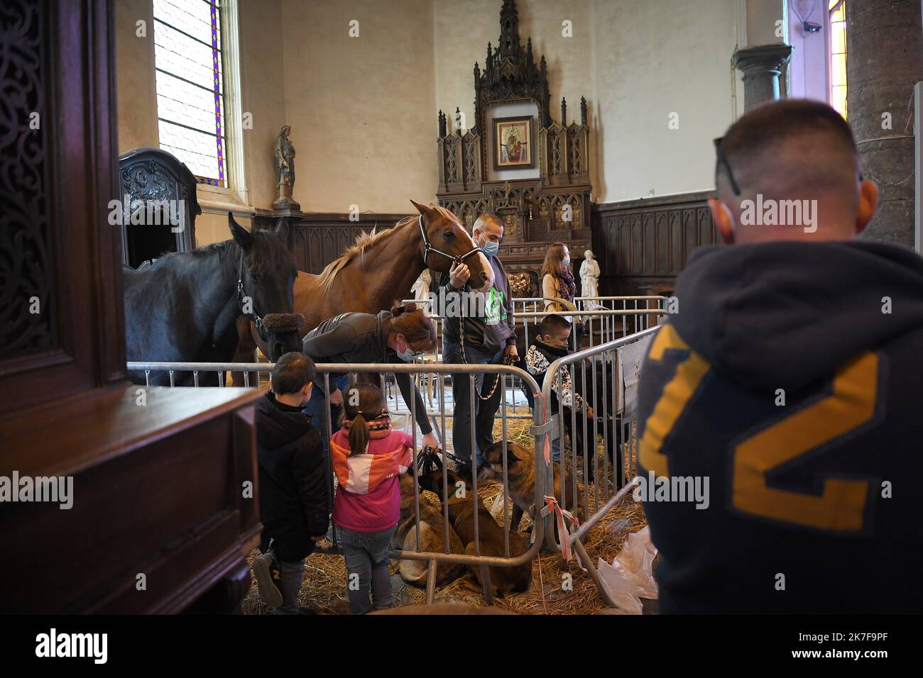 ©PHOTOPQR/VOIX DU NORD/PIERRE ROUANET ; 17/10/2021 ; 17/10/2021. Moutons, chèvres, chevaux, chiens, chat, oiseaux et autres bêtes à plumes et à poils, à la messe. Une messe de bénédiction des animaux, célébrée ce dimanche matin dans le cadre de la saint Francais d’Assise, à Escaudain, dans l’église Saint-Martin (religione, catholique, christianisme). FOTO PIERRE ROUANET LA VOIX DU NORD - Benedici i tuoi animali nella festa di San Francesco d'Assisi Francia, Escaudain 17 ottobre 2021 Foto Stock