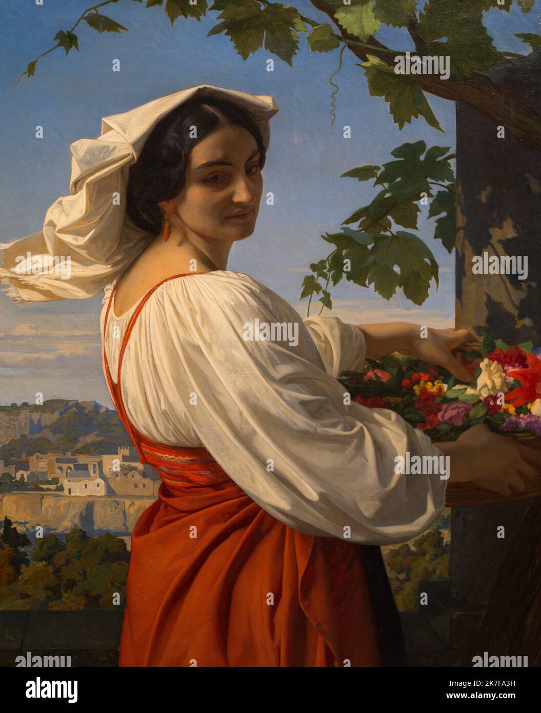 ©Active Museu/MAXPPP - ActiveMuseum 0002899.jpg / la Chiaruccia (la piccola claire, modello a la Villa Medicis de Rome) Huile sur Toile 1848 - / Alexandre Cabanel / Peinture Active Museum / le Pictorium 1 persona, retro, Blanche, cielo blu, Brunette, occhi scuri, orecchini, esterno, cesto di fiori, copricapo, Melancholy, modello (), montagna, Ritratto, Rosso, Città Romana, tristezza, albero, verticale Villa, Villaggio Chiaruccia, Europa Occidentale, Italia, Roma, 19th ° secolo, Roma ,Alexandre Cabanel ,Pittura , Foto Stock