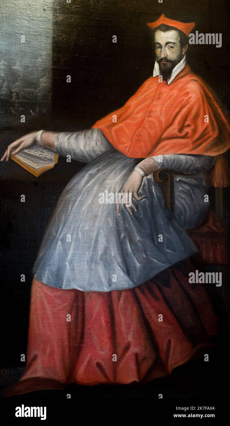 ©Active Museu/MAXPPP - ActiveMuseum 0005756.jpg / Louis II de Lorraine, dit le Cardinal De Guise, mort assassine le 24 decembre 1588 au Chateau de Blois 1588 - / Anonyme / Peinture Active Museum / le Pictorium sfondo nero ,Cardinale ,Abbigliamento ,De Guise ,full length shot ,uomo ,libro aperto ,Ritratto ,posa ,Rosso ,religione ,Religiosa ,attrezzatura religiosa ,seduta (da) ,Profilo di tre quarti ,verticale ,finestra ,16th ° secolo ,Anonimo ,Pittura , Foto Stock