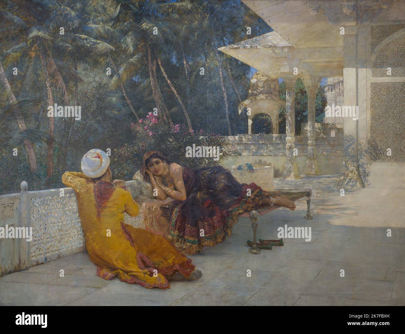 ©Active Museu/MAXPPP - ActiveMuseum 0005852.jpg / la princesse de Bengala 1899 - / Lord Edwin Weeks / Peinture Active Museum / le Pictorium balcone, Courtier, Abito, orizzontale, indiano (), donna sdraiata, mille e una notte, Palazzo, Palme, Principe, Sunny, Tunico, Turban, Asia, Bengala, India orientale, India, Sud Asia, 19th Secolo, settimane del Signore Edwin, Pittura , Foto Stock