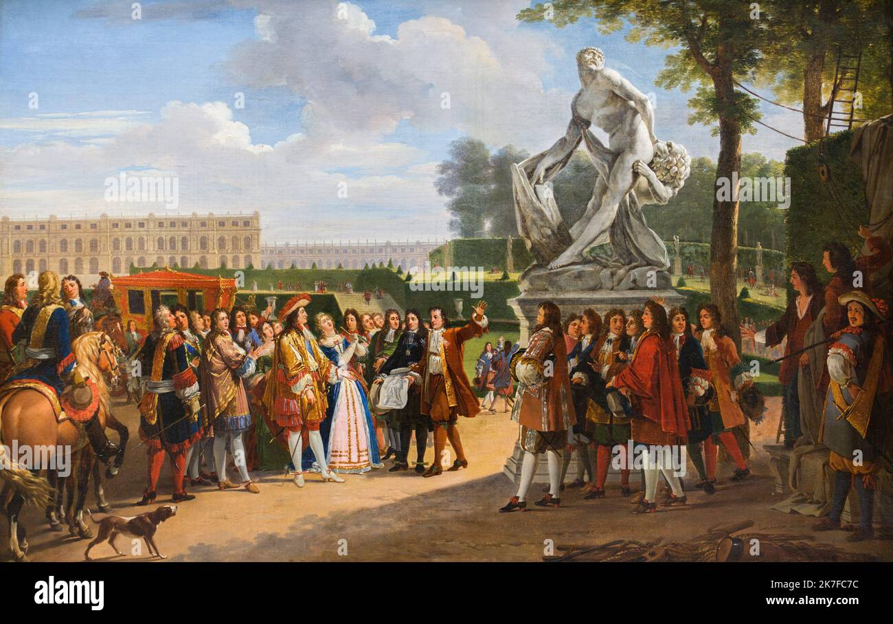 ©Active Museu/MAXPPP - ActiveMuseum 0006142.jpg / Luigi XIV assistente, dans le parc de Versailles, a l'inauguration de la statuine du ' Milon, De Crotone' de Puget 1819 - / Gabriel Lemonnier / Peinture Active Museum / le Pictorium Castello di Versailles, folla, giardino francese formale, orizzontale, carrozza trainata da cavalli, Horseman, inaugurazione, re di Francia, Luigi XIV, di nobile nascita, Regina di Francia, Statua, Europa, Francia, Ile-de-France (regione), Versailles, Europa occidentale, Yvelines (dipartimento francese) ,19th ° secolo, Gabriel Lemonnier, Pittura , Foto Stock