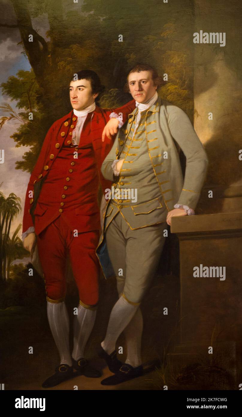 ©Active Museu/MAXPPP - ActiveMuseum 0006312.jpg / Portrait des capitaines Charles et John Sealy Portrait peint a Calcutta ou Charles etait registraire de la cour du maire. Figlio di John etait capitaine de la Northington. 1773 - / Tilly Kettle / Peinture Active Museum / le Pictorium Brothers, Captains, colonna (architettura), formale (cerimoniale) vestito, mano sulla spalla, mano nascosta, vestiti da uomo, ritratto, posa, profilo 3/4, Tights, alberi, verticale, Asia, Bengala, India orientale, Kolkata, Sud Asia, Charles e John Sealy, 18th ° secolo, Tilly Kettle, Pittura , Foto Stock