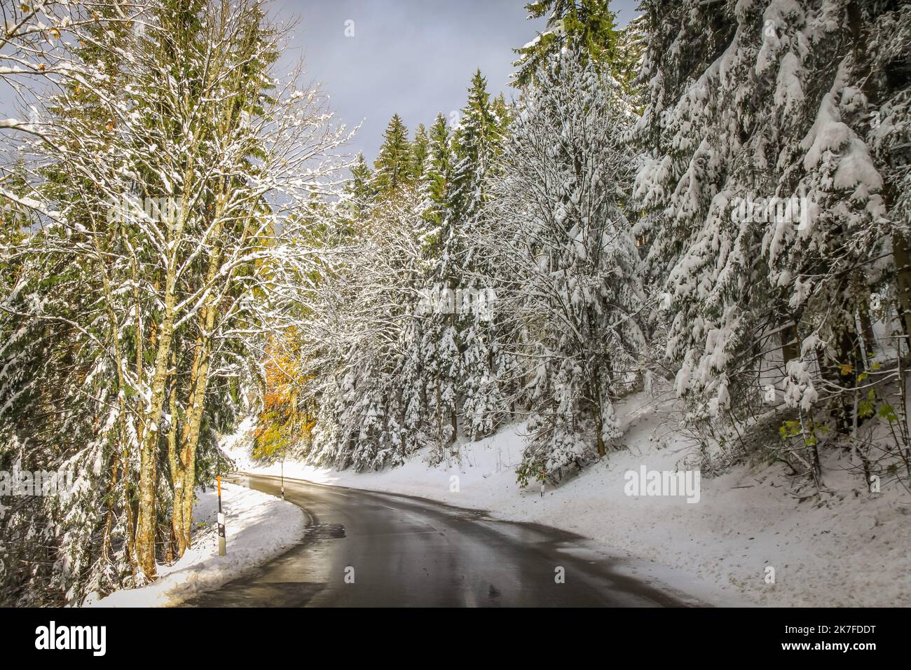 Strada di montagna tra le Alpi Bavaresi e il Tirolo austriaco in autunno, dopo la neve Foto Stock